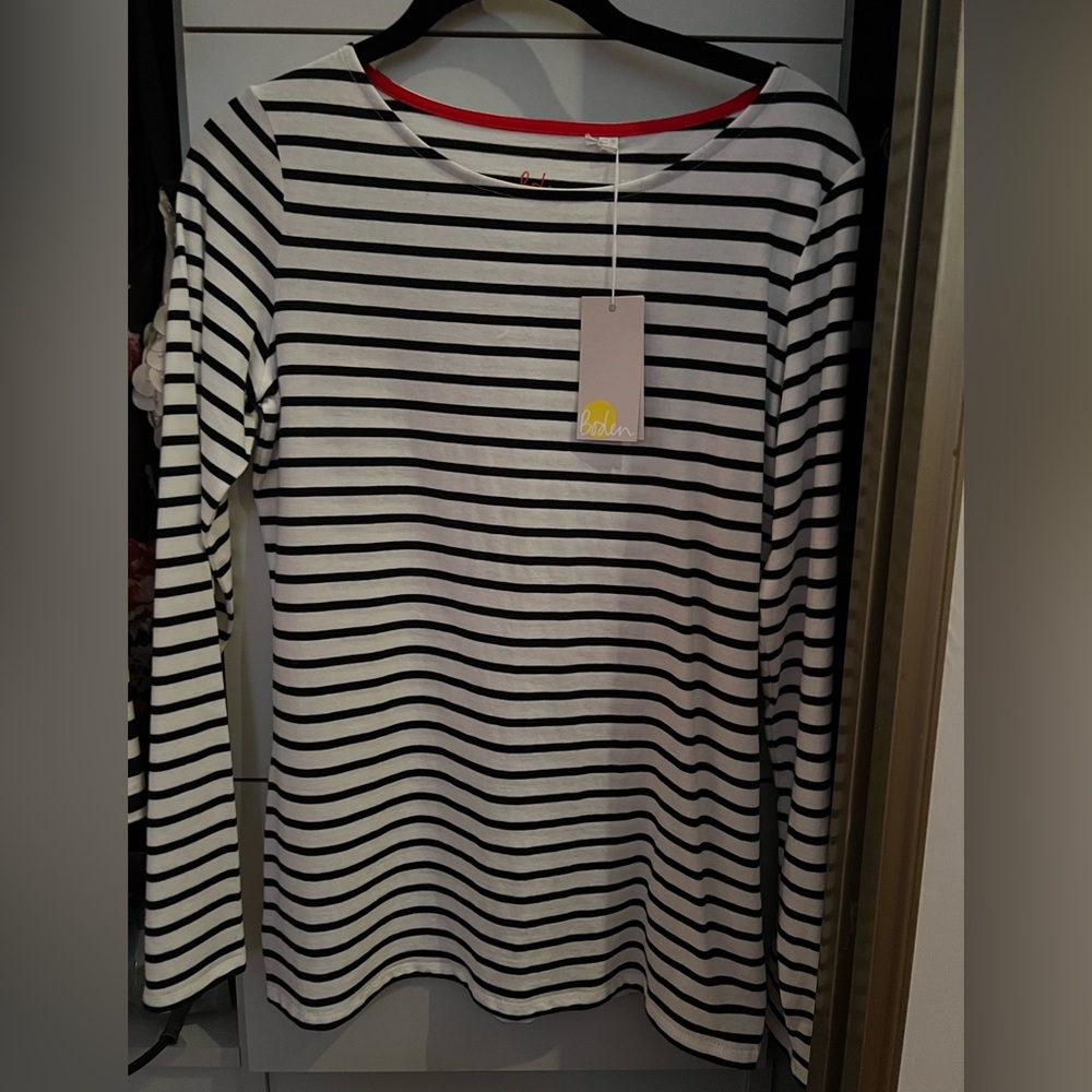 Boden Striped Top with Red Trim